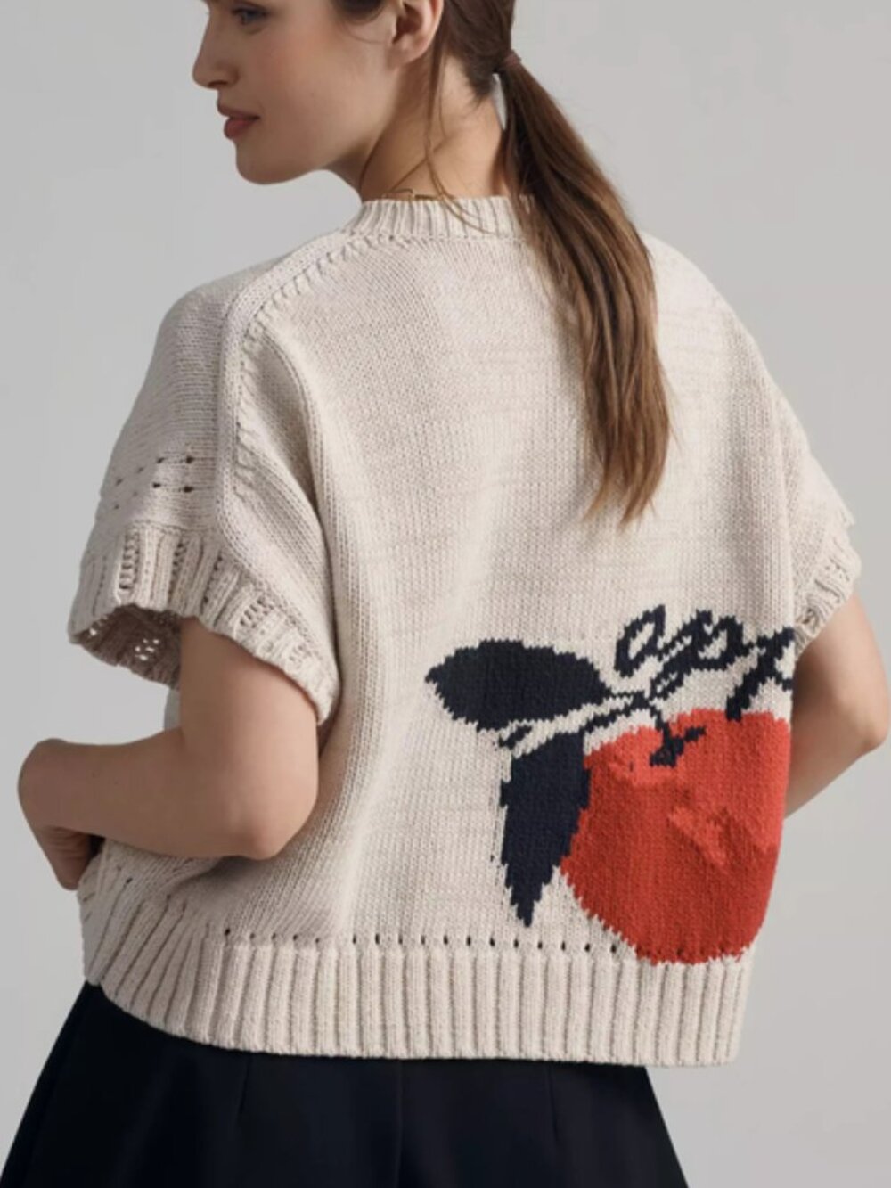 Anthropologie Maeve Short-Sleeve Veggie Motif Graphic Sweater Apples L NWT - Picture 3 of 5
